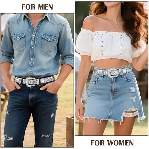 XZQTIVE Cowgirl Bling Studded Leather Belts for Jeans Pants with Rhinestone and Western Silver Buckle, Unisex thumbnail 4