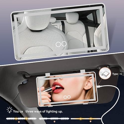 Feisate Car Visor Mirror with Rechargeable LED Light- 3 Light Modes & Dimmable Touch Screen- Big Sun Visor Vanity Mirror for Truck- Passenger Side Girly Car Accessories for Women Girl Interior- White thumbnail 3