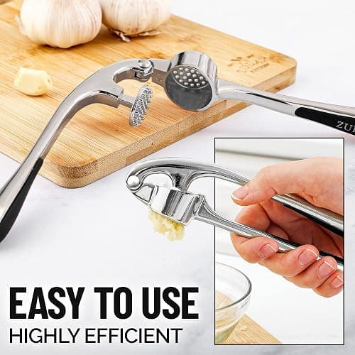 Zulay Kitchen Premium Garlic Press Set - Rust Proof Professional Garlic Mincer Tool - Easy-Squeeze, Easy-Clean with Soft, Ergonomic Handle - Silicone Garlic Peeler & Brush (Chrome) thumbnail 4