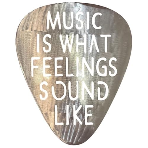Top Brass Jumbo 16" Metal Guitar Pick Wall Art – “Music Is What Feelings Sound Like” Quote – Steel Wall Décor – Music Room, Studio, or Man Cave Art (Brushed Silver) - Image 1