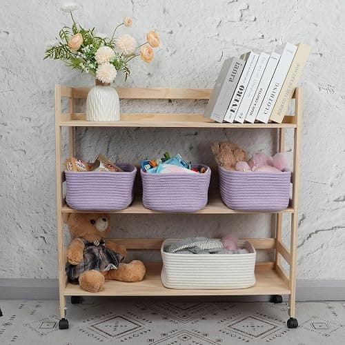 XUANGUO Small Woven Storage Baskets for Shelves, 12" x 8" x 5", Purple | Decorative rope storage bins for closets and toy storage; cute organizer baskets, empty gift baskets and nursery storage. thumbnail 4