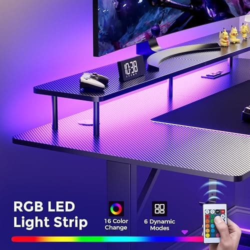 GTRACING 55 Inch Gaming Desk with LED Lights & Power Outlet, Computer Gamer Desk with Monitor Stand, Ergonomic Gaming Table Carbon Fiber Home Office Desk with Mouse Pad & Headphone Hook, Dark Black thumbnail 5