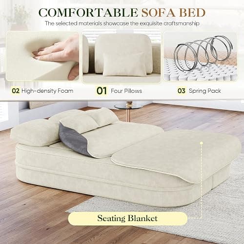 Antetek Convertible Sleeper Sofa, Modern Folding Futon Chenille Floor Foam Compression Loveseat Sofa Bed Couch, Foldable Full-Size Guest Bed with 4 Pillows for Living Room Bedroom Apartment, Beige thumbnail 5