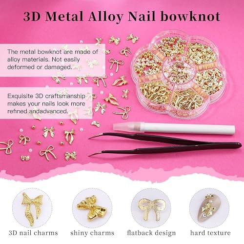 3D Metal Alloy Nail Bows Kit - Silver & Gold Bowknot Charms with 1-3mm Mini Caviar Beads, Tweezers, Pickup Pencil, Cute Nail Charms and Gems Jewelry in Petal-shaped Box (Gold-kit-1) thumbnail 3