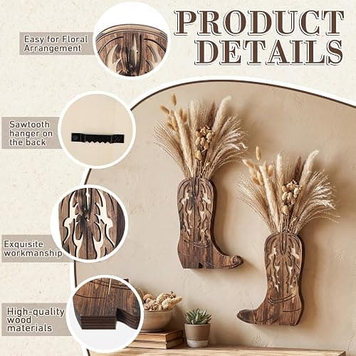 Havawish 2 Pcs Western Wall Decor Wood Cowboy Boots Wall Planter for Indoor Plants 12 x 8'' Western Boot Flower Hanging Vase for Flower Faux Rustic Home Decor for Bathroom Bedroom(Rustic Brown) thumbnail 4