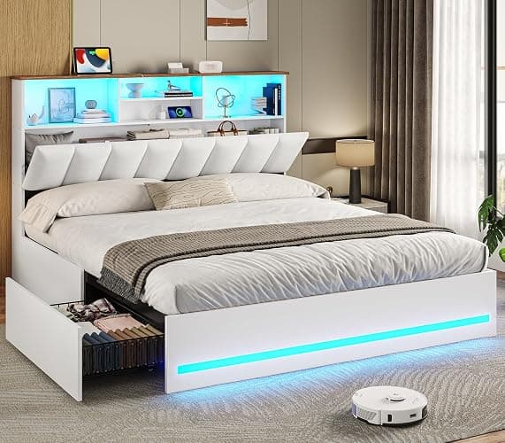 VIAGDO Full Size Bed Frame with Bookcase Headboard, Wooden Bed Frame Full Size with Charging Station, 4 Storage Drawers and LED Lights, with Type-C and USB, No Box Spring Needed, White - Image 1