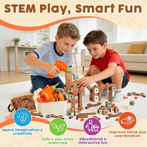 Pinshoon Kids Tool Set for 3-8, 158 PCS Construction Building Toys | Portable Tool Box & Electronic Toy Drill, STEM Building Playset, DIY Creative Shape, Non-Toxic ABS Plastic, Fine Motor Skills thumbnail 3
