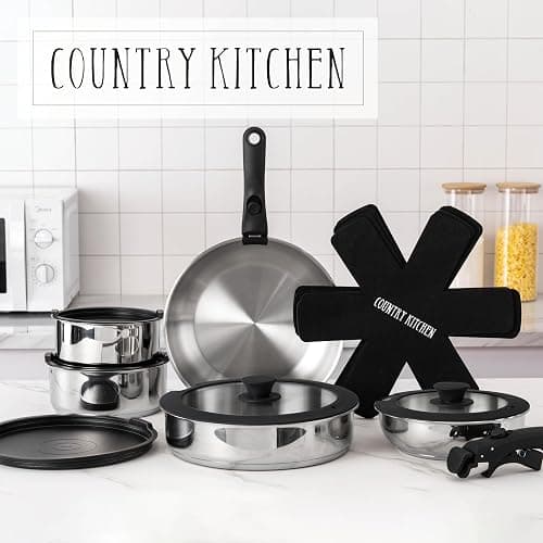Country Kitchen Cookware Set with Removable Handle, Oven & RV Safe Pots and Pans Set, Stainless Steel, Original thumbnail 2