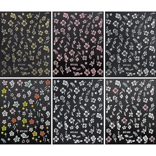 Flower Nail Stickers, Hibiscus Nail Decals 3D Self-Adhesive White Pink Gold Flower Pattern Summer Hibiscus Nail Design Manicure Tropical Accessories for Women Girls(6Sheets) thumbnail 6