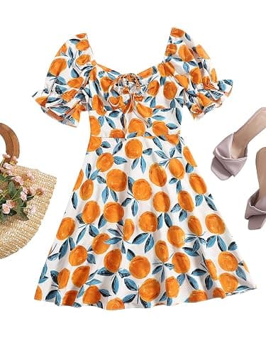 Floerns Women's Summer Drawstring Sweetheart Neck Puff Sleeve A Line Short Dress thumbnail 5