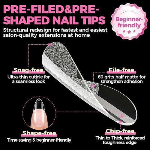 UNA GELLA Almond Gel Nail Tips, 504PCS Pre Etched Clear Fake Nails Tips Medium Almond Shape - 12 Sizes Full Cover Soft Acrylic Press On Nail Extensions No C Curve Gift for Diy at Home thumbnail 5