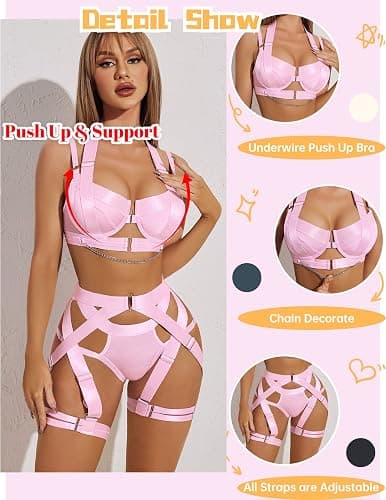 Avidlove Lingerie Set for Women Sexy Strappy Lingerie Underwire Push Up Bra Garter Set Lingerie with Chain - Small - Pink thumbnail 2