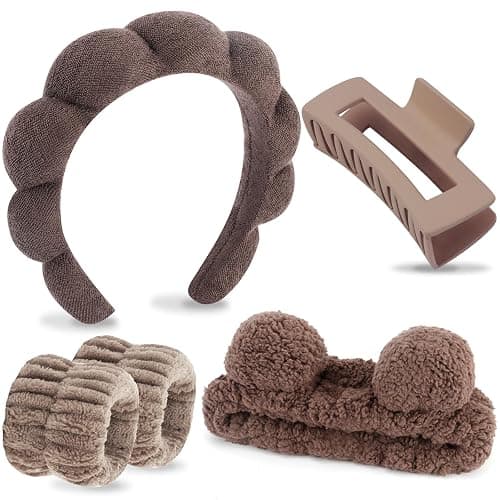 VELSCRUN Spa Headband, Makeup Face Wash Skincare Headbands, 5 Pcs Sponge Get Ready Bear Ears Hairband Facial Wristband Hair Clip Set, Stuff for Teen Girls Women Trendy Hair Accessories Dark Brown - Image 1
