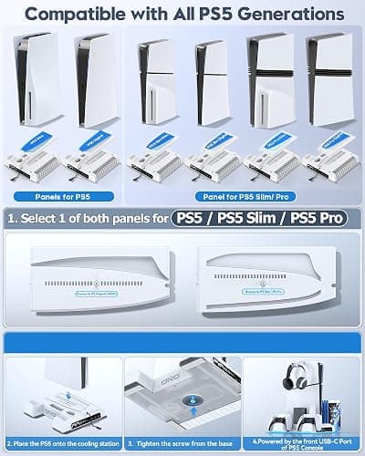 PS5/Slim/Pro Stand and Cooling Station with LED Controller Charging Station for PlayStation 5 Console, Controller Charger, Cooling Stand, PS5/Slim/Pro Skin Accessories Kit with 3 Level Cooler Fan thumbnail 2
