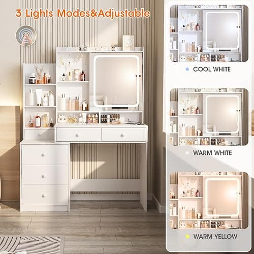 Vabches Vanity Desk with Mirror and Lights, Makeup Vanity with 6 Drawers and Shelves, Dressing Table with Power Outlet, Makeup Desk with Led Lighted Mirror in 3 Colors, for Bedroom, White thumbnail 5