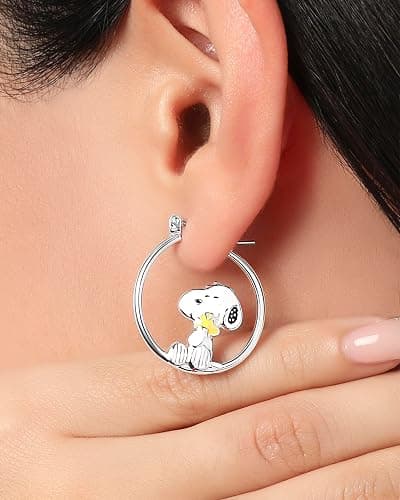 Peanuts Snoopy Earrings for Women Official License, Silver Flash-Plated Hoop Earrings with a Snoopy and Woodstock Accessory thumbnail 2