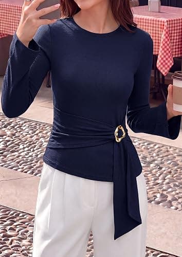 PRETTYGARDEN Asymmetrical Tops for Women Long Sleeve Top | Dressy Casual Blouses Shirts, Elegant Belted Peplum Tops for Going Out, Work, Business Casual Outfits, Fall Fashion Clothes thumbnail 2