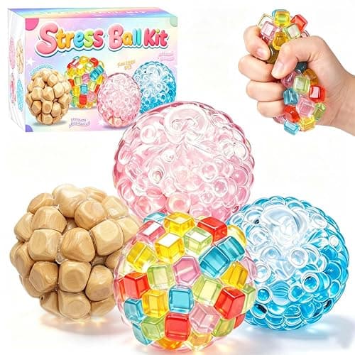 4 Pack Crunchy Noisy Squishy Stress Balls, Slush Textured Sensory Toys Set, Stress Relief Toys for Kids Adults, Squeezee Sensory Toys, Birthday Xmas Gifts for Girls & Boys - Image 1