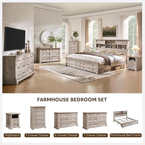 Farmhouse 6 Drawers Dresser for Bedroom, 54" Wide Large Dressers & Chests of Drawers w/Roman Column, Wooden Dresser TV Stand with Large Drawers for Nursery Bedroom Living Room Hallway,Light Rustic Oak thumbnail 6