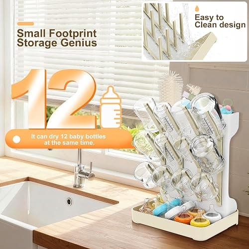 Viddett Superior Vertical Baby Bottle Drying Rack with 4-Pack Brush Set: Space-Saving Countertop Drying Rack - BPA-Free Baby Accessories Storage Stand Organizing Brushes & Pacifiers - Warm Beige thumbnail 4