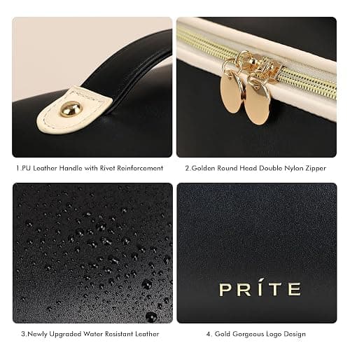 Prite Makeup Bag for Women Travel Waterproof Vegan Leather Cosmetic Bag Open Flat Toiletry Bag With Clear Divider and Handle (Black) - Black - Medium thumbnail 6