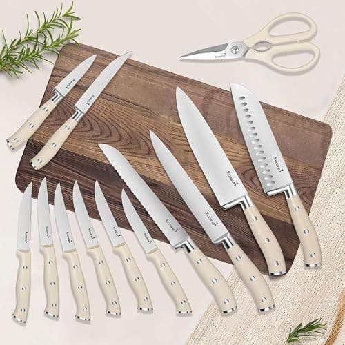 Kuisine Chef Knife Set,High Carbon Stainless Steel Ultra Sharp Blade Ergonomic Handle,Kitchen Knife Block Set with Built-in Sharpener, Elegant Gift for Holiday(Ivory Pro,15PCS) thumbnail 7