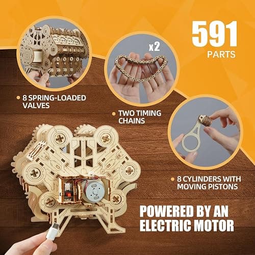 3D Puzzles for Adults - Wooden V8 Engine Model Kit, 3D Puzzle Model Engine Kit with Working Motor, DIY Kits Hobbies for Men for Men, Teen (591 Pcs) thumbnail 2