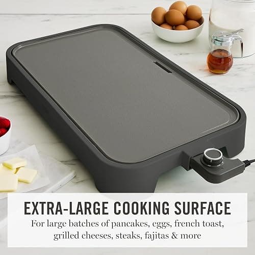Martha Stewart 12"x 22" XL Electric Griddle, Ceramic Nonstick Flat Top | PFAS-Free Nonstick Grill, XL Cooking Surface for Pancakes & Eggs, Adjustable Temp Dial, Drip Tray, 1500W Heating, Caviar Gray thumbnail 3