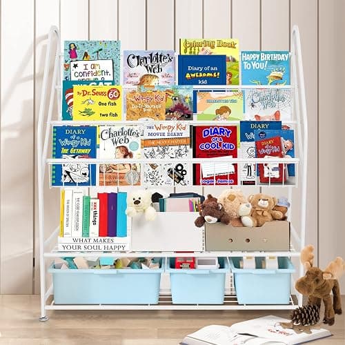 aboxoo Metal Kids Bookshelf Freestanding Bookcase for Children Room 32 in Large Toy Organizer Modern MinimalistWhite Stable Metel Bookstore Bedroom, Living, Library Book Unit Storage thumbnail 6