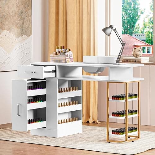 TABU Professional Manicure Table, Large Nail Table for Nail Tech with Pull-Out Drawers& Opening Storage Cabinets, Nail Workstation with Dust Collector, Wrist Cushion, White thumbnail 2