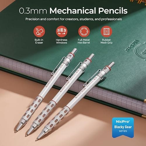 Nicpro 3 Pack Blocky Gear 0.3 mm Metal Mechanical Pencils Set with Case, Lead Drafting Pencil with 8 Tube (480PCS) Lead Refills, 4 Erasers, 18 Eraser Refills for Art Writing, Sketching Drawing thumbnail 2