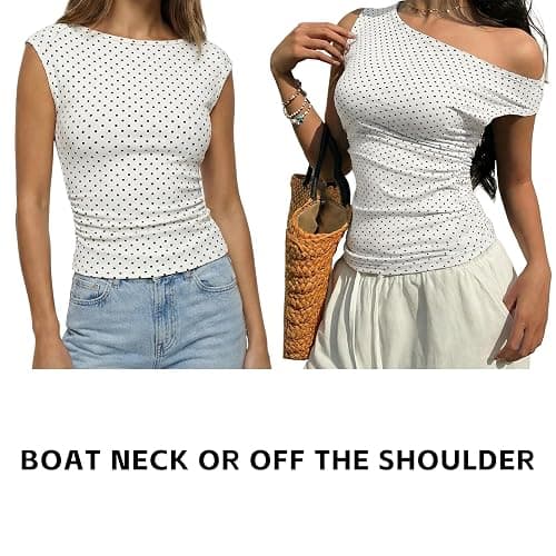 EMMIOL Off Shoulder Tops for Women Cute Sleeveless Polka Dot Shirts Ruched Sexy Going Out Tank Top Y2K Clothes thumbnail 6