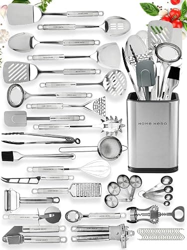 Home Hero 54-Piece Stainless Steel Kitchen Utensils Set - Heat-Resistant Nonstick Silicone & Stainless Steel Cooking Utensils - Complete Tools with Slotted Spoon & Pasta Spoon - Pack of 54, Silver - Image 1