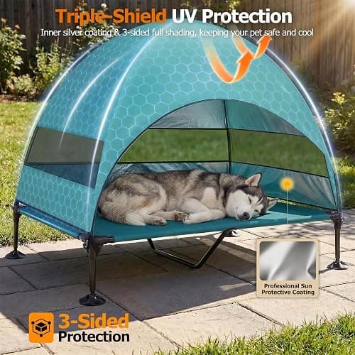 Elevated Dog Bed with UV-Proof Canopy, Outdoor Dog Tent with Powerful Adjustable Feet, Portable Pet Cot with Wider Shade, Raised Cooling Bed for Camping, Patio, Beach, Poolside thumbnail 3