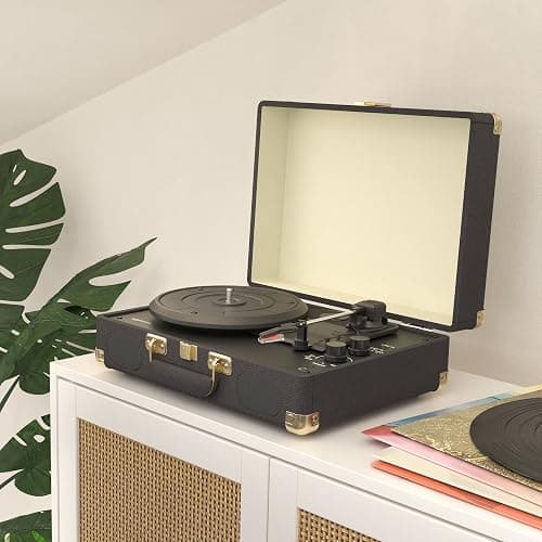 Amazon Basics Portable Suitcase Vinyl Turntable Record Player with Built-in Stereo Speakers, Belt Drive, 3-Speed, Bluetooth Playback, Black thumbnail 8