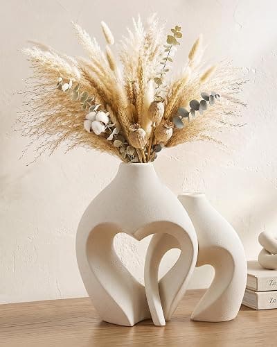 White Ceramic Flower Vase Home Table Decor Heart Shaped Vase Set of 2 | Boho Heart Shaped Minimalist Decorative Vases for coffee Table Centerpiece Wedding Dining Living Room Office House Decoration - Image 1