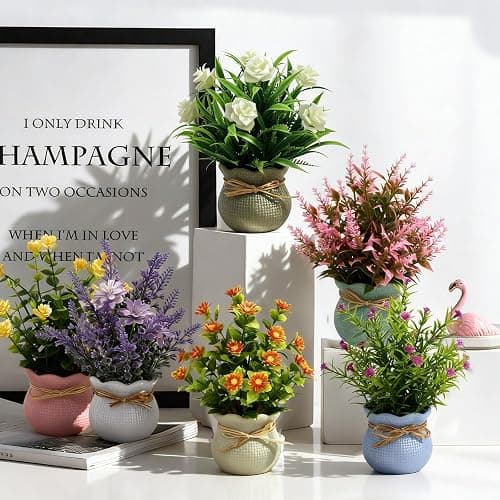 Yoratee 6PCS Artificial Flowers Pot Small Fake Plants with Mini Potted Plants for Home Office Tabletop Centerpiece Decoration thumbnail 2