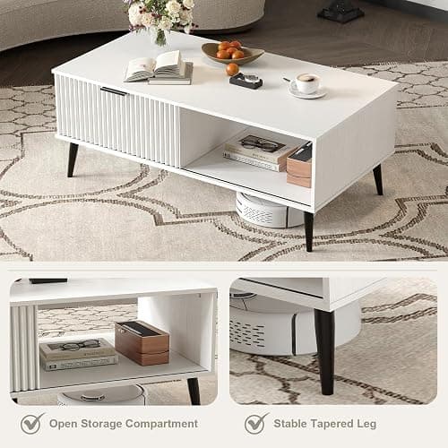 41.34''D Coffee Table, 2-Tiers Farmhouse Coffee Tables With Storage and Sliding Wave Pattern Door, Modren Tea Table, Wooden Dining Center Tables for Living Room, Office, Bedroom, Outdoors, White - White thumbnail 4