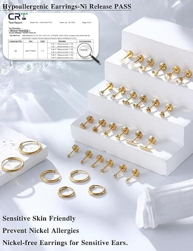 LOLIAS Small Hypoallergenic Flat Back Stud Earrings for Women Men 14K Gold Plated Surgical Stainless Steel Earring Sets Tiny Screw Back Cartilage Earrings for Sensitive Ears thumbnail 3