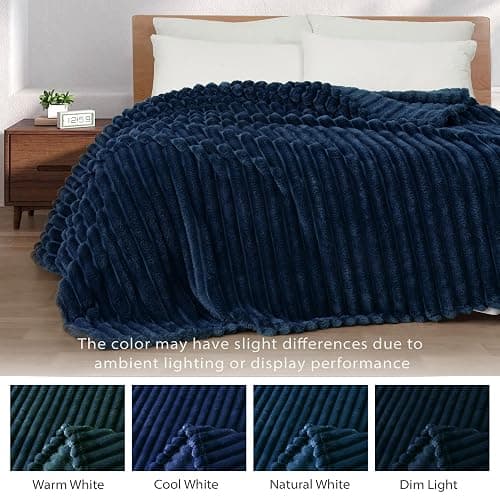 Exclusivo Mezcla Fleece Throw Blanket for Couch, Super Soft Striped Jacquard Bed Blanket, Lightweight Fuzzy Cozy for All Seasons, 50x60 Inches, Navy Blue thumbnail 4