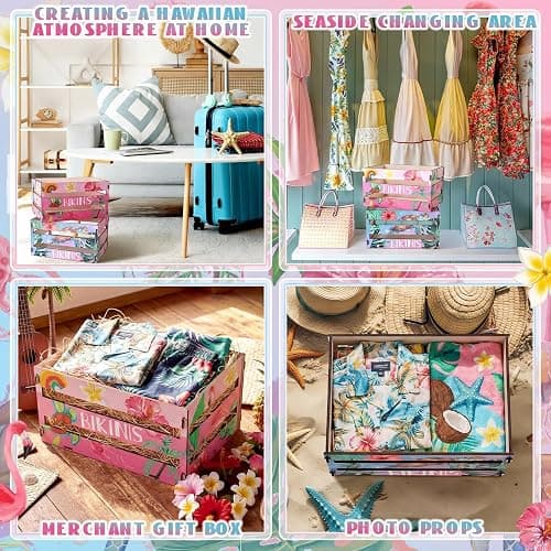 Yinkin 2 Pcs Hawaiian Bikini Wooden Crate, 11.6" x 6.3" x 7.9" Summer Tropical Beach Bikini Storage Box Palm Tree Hibiscus Wood Crates Unassembled Summer Party Supply for Beach Tropical Party Decor thumbnail 4