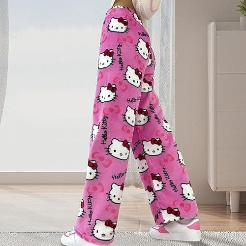 Cute Cartoon Pajama Pants for Women, Kawaii Anime Cat Pjs Christmas Pajama Pants Fluffy Flannel Sleep Bottoms - Rose Red Cat - Medium thumbnail 6