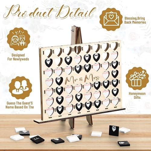 54 Pcs Fun Wedding Guest Book Alternative Set Four in a Row Game for Reception, with Mr & Mrs Wooden Heart Sign Guest Book for Wedding Party Games Ideas, Bridal Shower, Engagement, Anniversary Unique thumbnail 5