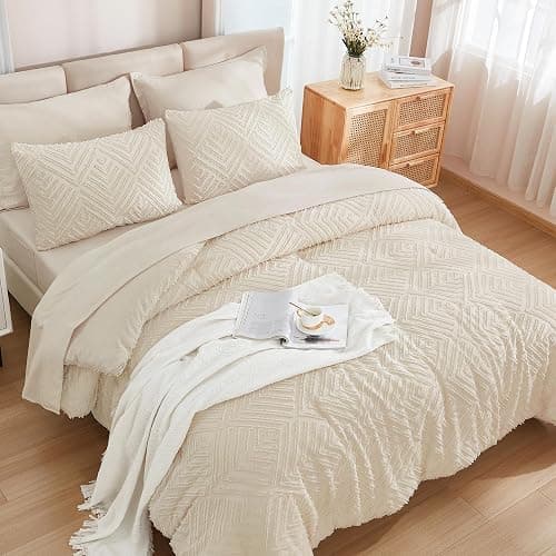 Andency Queen Comforter Set with Sheets, Beige | 7 Pieces, Bed in a Bag, Boho Lightweight Fluffy Tufted, Includes Cream Comforter, Sheets, Pillowcases & Shams, All Season thumbnail 2