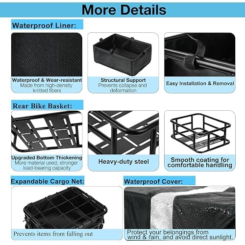Bike Basket Rear - Large Capacity Heavy Duty Bicycle Basket with Liner,Cargo Net,Waterproof Cover - Ebike Accessories for Adult Bikes,Electric Bike,Carrying Grocery,Ball,Dog thumbnail 4