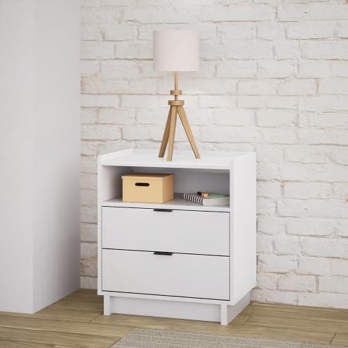 Prepac Simply Modern Nightstand Bedside Table, White Nightstand for Bedroom, End Table with 2 Drawers and Open Shelf 23.75" W x 26.75" H x 16" D thumbnail 2