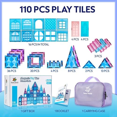 Princess Castle Magnetic Tiles 110 PCS, Zippered Carrying Case + 2 Dolls Gift Included, Magnetic Blocks, Toys for Girls, 3 4 5 6 7 8 Year Olds Birthday Gift Ideas for Girls thumbnail 6