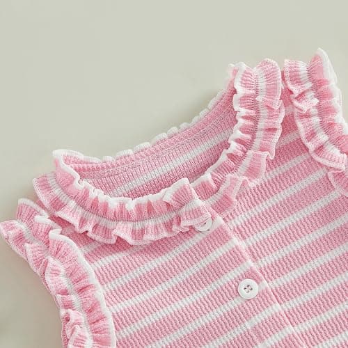 WZTYYDS Toddler Baby Girl Summer Outfit Tank Tops Ruffle Shorts Set | Waffle Knit, Striped, Sleeveless Button Down Shirt, Sweet 2 Pieces Clothes, 6M, 12M, 18M, 24M, 2T, 3T, 4T, Little Kids, Soft thumbnail 5
