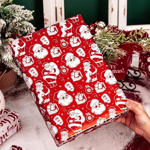 Yarcony Reversible Christmas Wrapping Paper Roll,Red Wrapping Paper, Metallic Foil Red Santa, HOHO Pattern Holiday Gift Wrap Paper for Christmas, Party, Celebration, New Year (17 Inch X 33 Feet) thumbnail 6