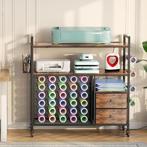 HavenlyYouth Craft Cart Compatible with Cricut Machine, Large Cricut Table with 34 Vinyl Roll Holder, 2 Drawers and Charging Station, Craft Storage Cabinet Craft Workstation thumbnail 2